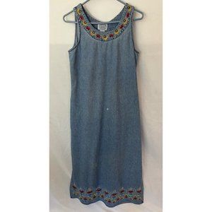 VTG Carolina Blues Womens Denim Jumper Dress Sz Small Embroidered Floral Design